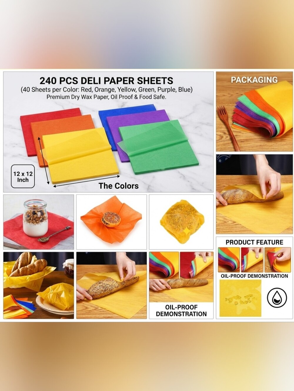 🍎240 PCS Colorful Deli Wax Paper Sheets 12x12 Food Basket Liners Sandwich Wraps